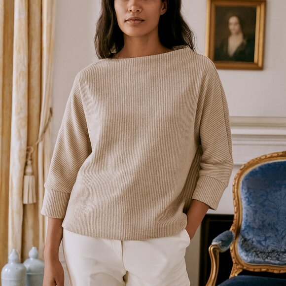 NIC+ZOE Boat Neck Dolman Sleeve Beige Ribbed Pullover Sweater Size Medium - Picture 1 of 10